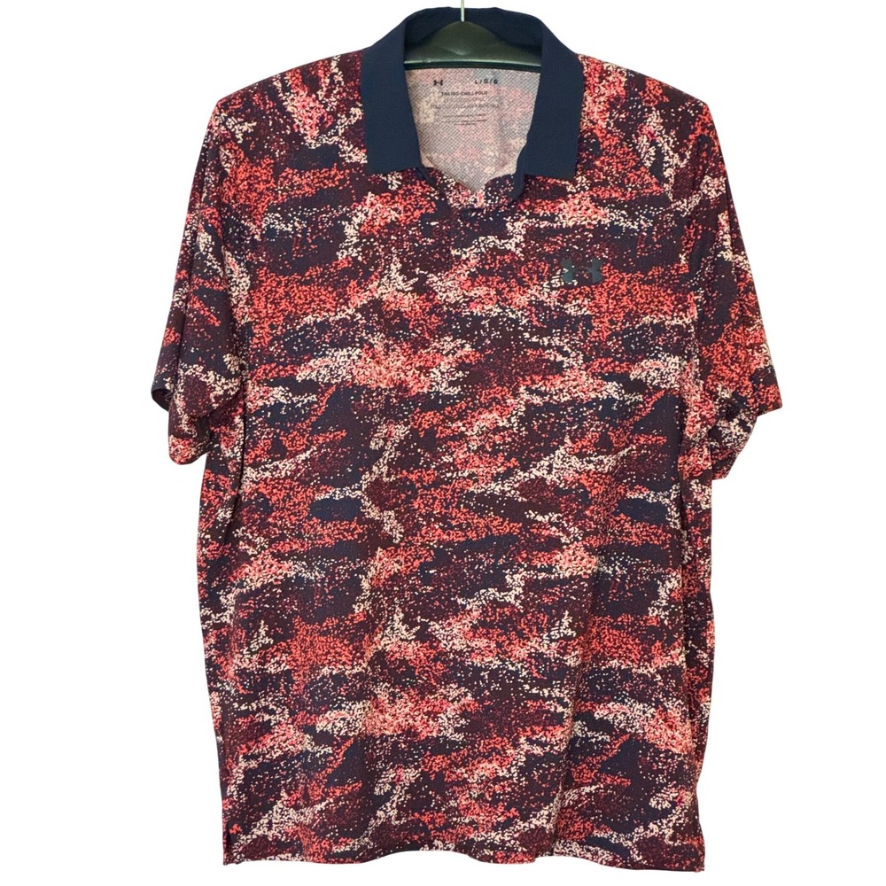 Under Armour Iso-Chill Polo Red Navy Blue Splatter Print Mens Large